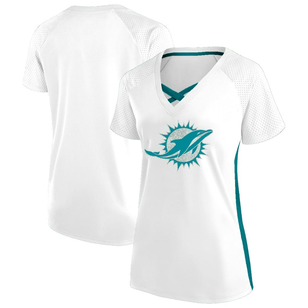 Miami Dolphins Fanatics Women's Plus Size Glitter Lace-Up V- Neck T-Shirt