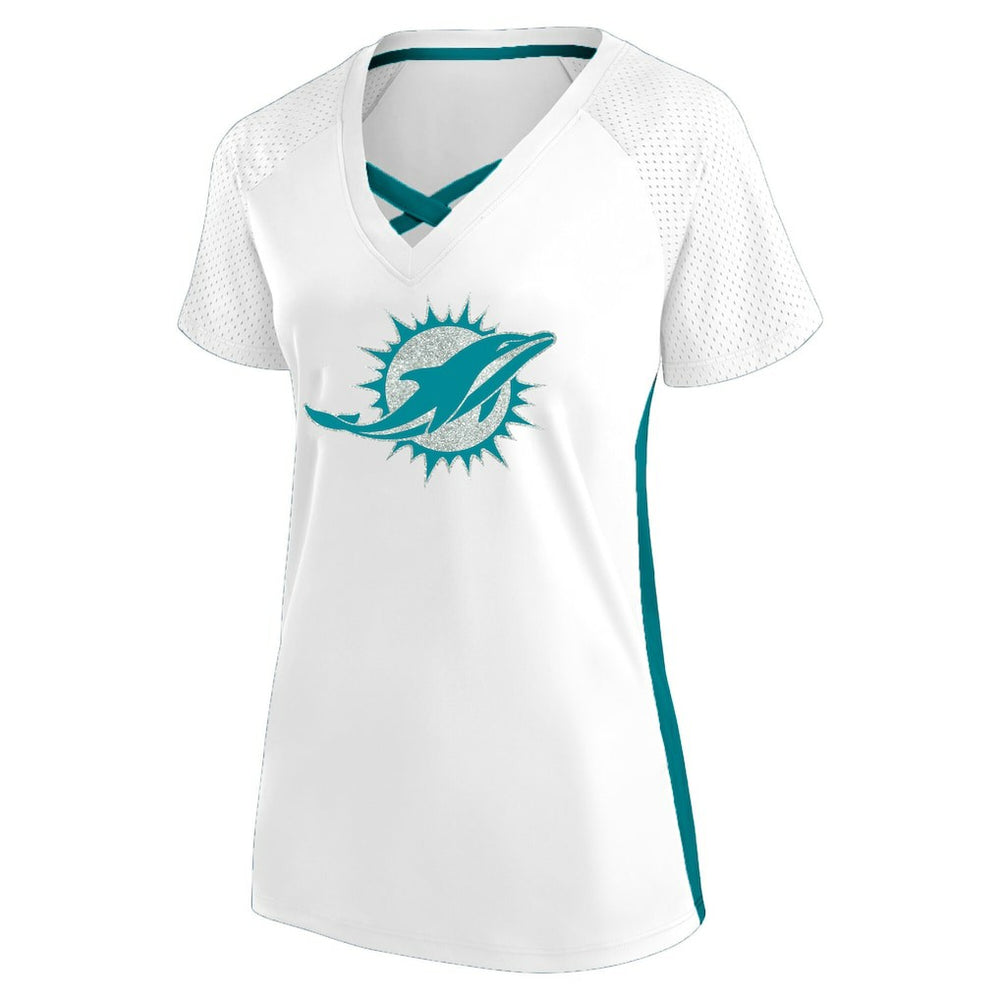 Miami Dolphins Fanatics Women's Plus Size Glitter Lace-Up V- Neck T-Shirt