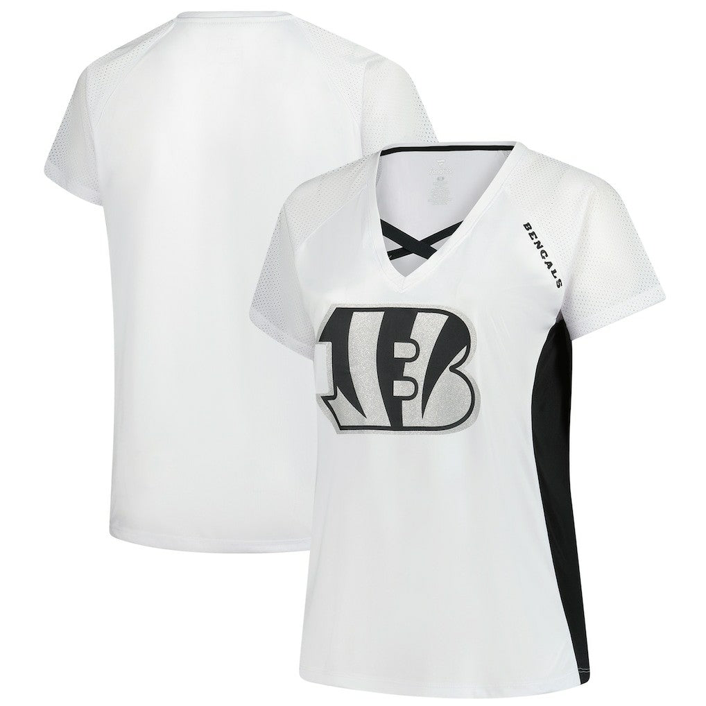 Cincinnati Bengals Fanatics Women's Plus Size Glitter Lace-Up V- Neck T-Shirt