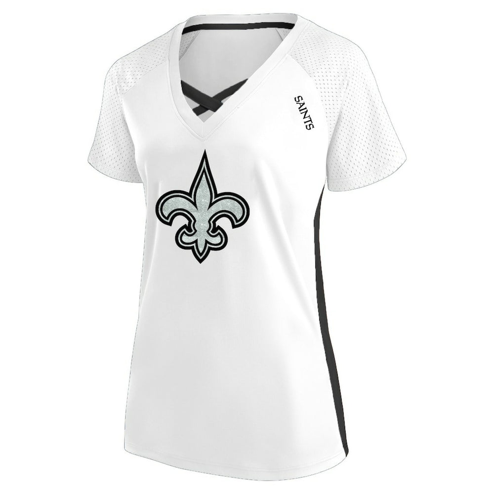 New Orleans Saints Fanatics Women's Plus Size Glitter Lace-Up V- Neck T-Shirt