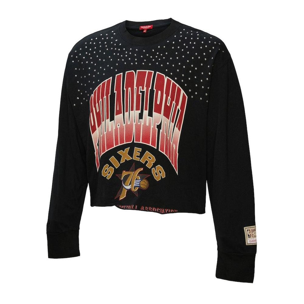 Philadelphia 76ers Women's Hardwood Classics Studded Boxy Cropped Long Sleeve T-Shirt Online