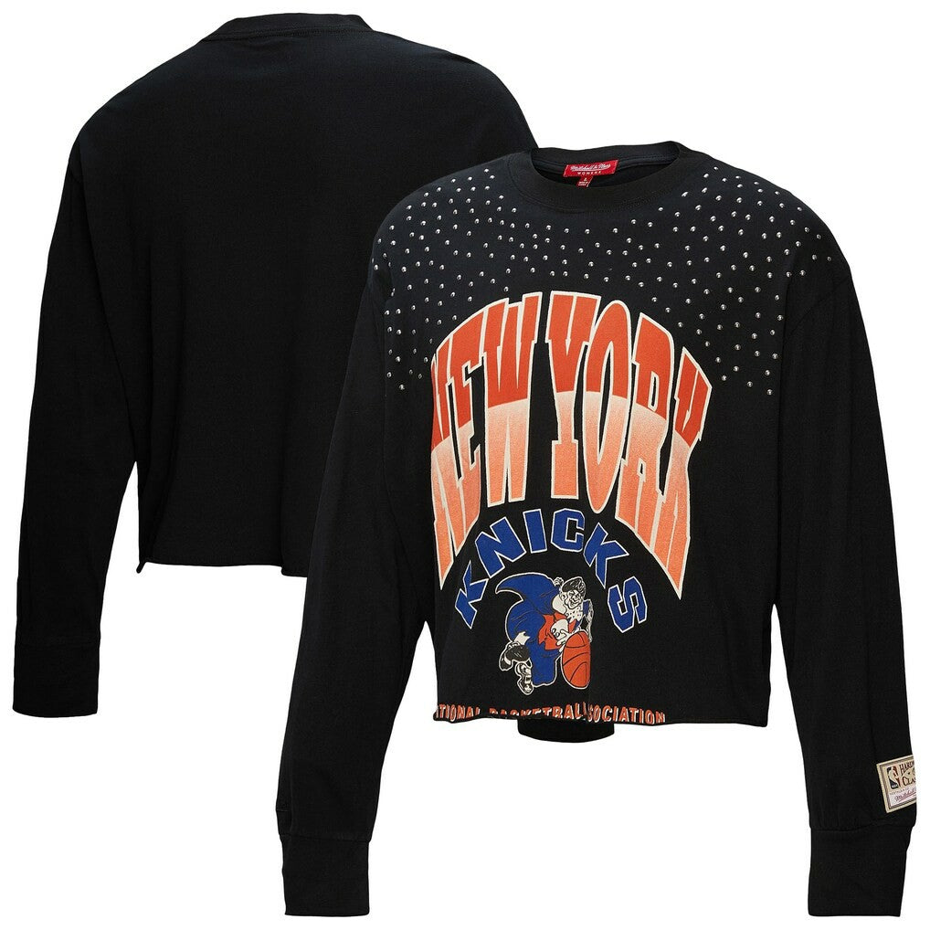 New York Knicks Women's Hardwood Classics Studded Boxy Cropped Long Sleeve T-Shirt For Sale