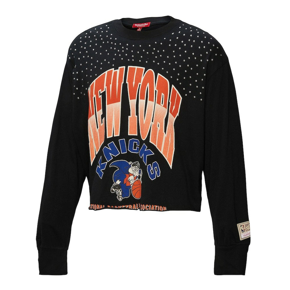 New York Knicks Women's Hardwood Classics Studded Boxy Cropped Long Sleeve T-Shirt For Sale