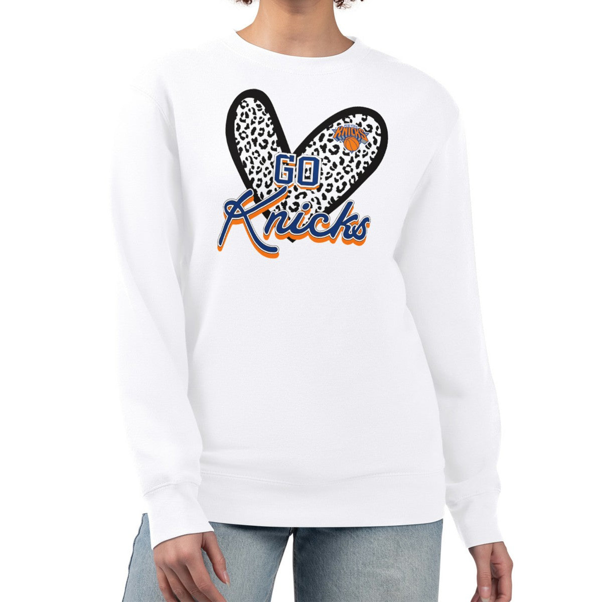 New York Knicks G-III 4Her by Carl Banks Women's Leopard Heart Fleece Pullover Sweatshirt Outlet