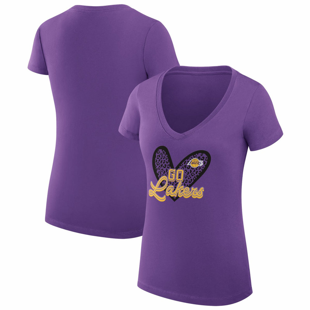 Los Angeles Lakers G-III 4Her by Carl Banks Women's Super-Slim Fit Lightweight Leopard Heart V-Neck T-Shirt Online
