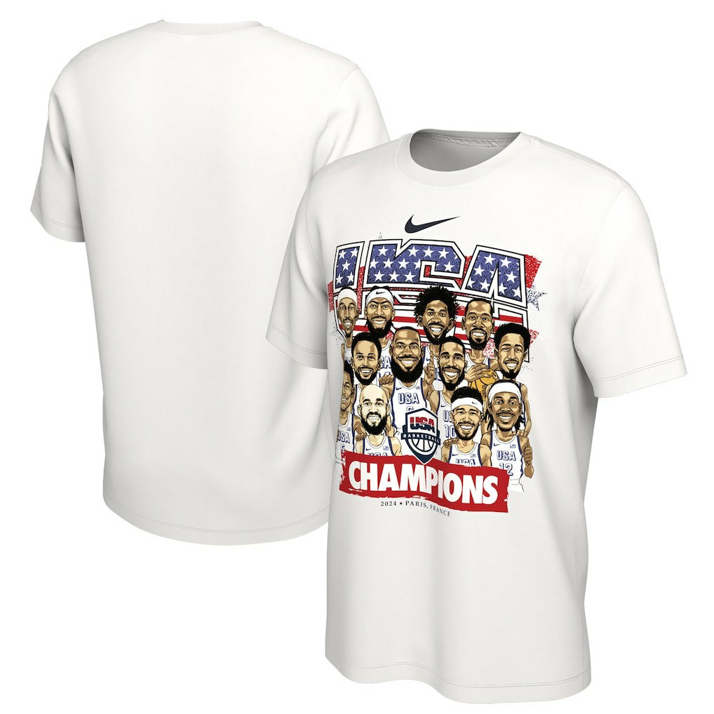 USA Men's Basketball Unisex 2024 Summer Olympics Gold Medal Team Caricature T-Shirt Discount