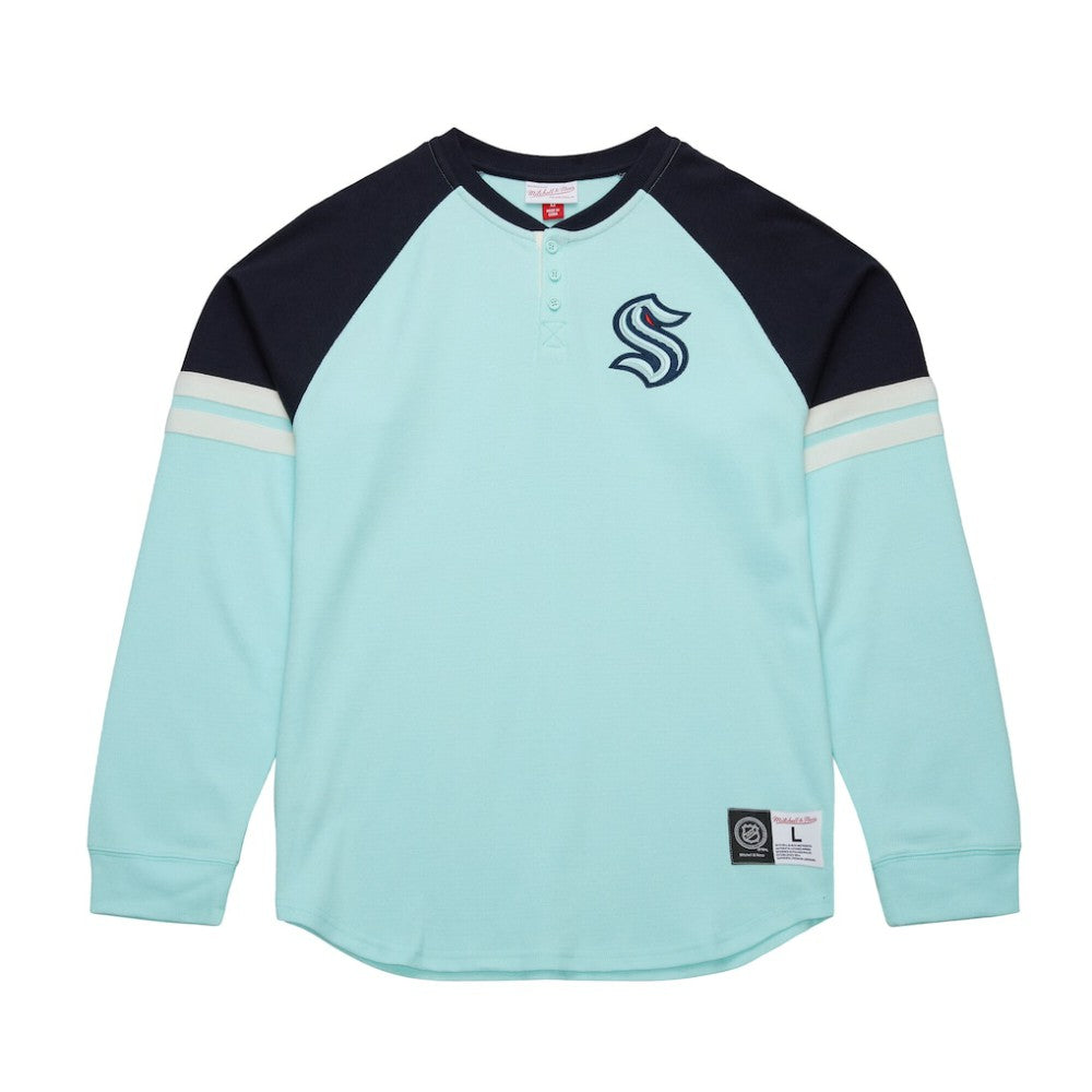 Seattle Kraken Mitchell & Ness Thermal Henley Long Sleeve T-Shirt On Sale