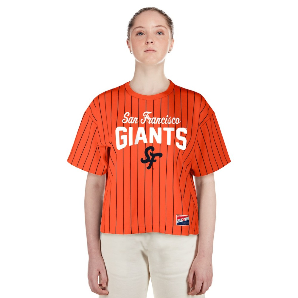 San Francisco Giants New Era Women's 2025 City Connect Boxy Pinstripe T-Shirt | MLB On Sale