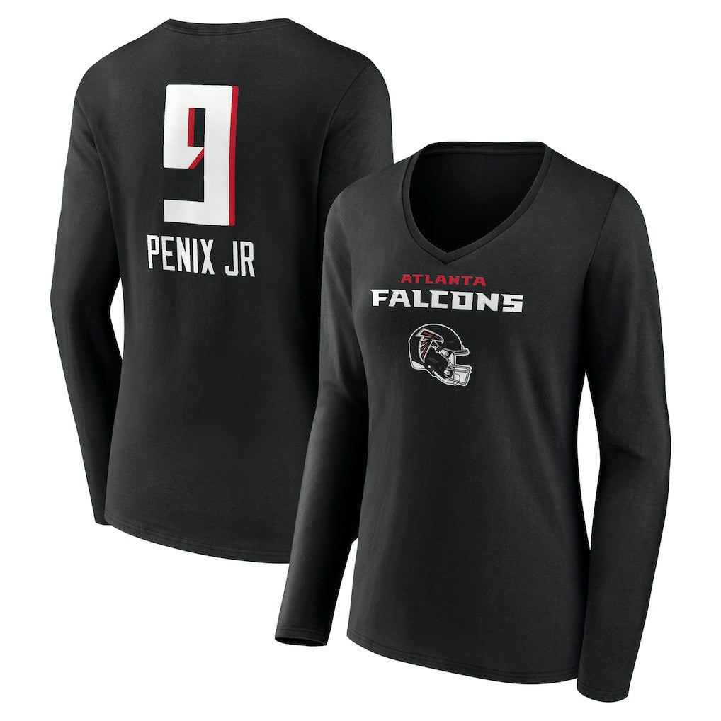 Atlanta Falcons  Michael Penix Jr.  Women's Name & Number Team Wordmark Long Sleeve V-Neck T-Shirt