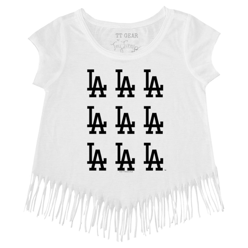 Los Angeles Dodgers Tiny Turnip Girls Youth Logo Grid Fringe T-Shirt | MLB Sale