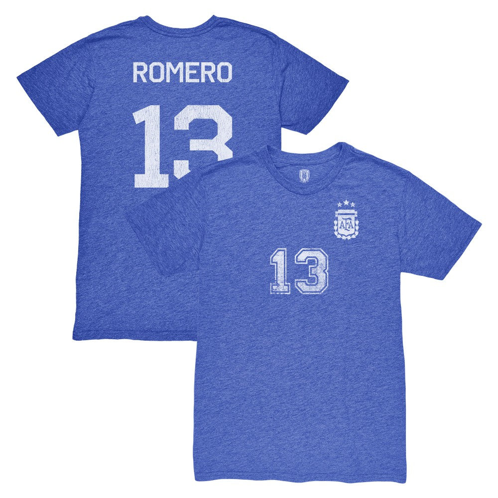 Cristian Romero Argentina National Team 1863FC Player Vintage Tri-Blend T-Shirt Blue