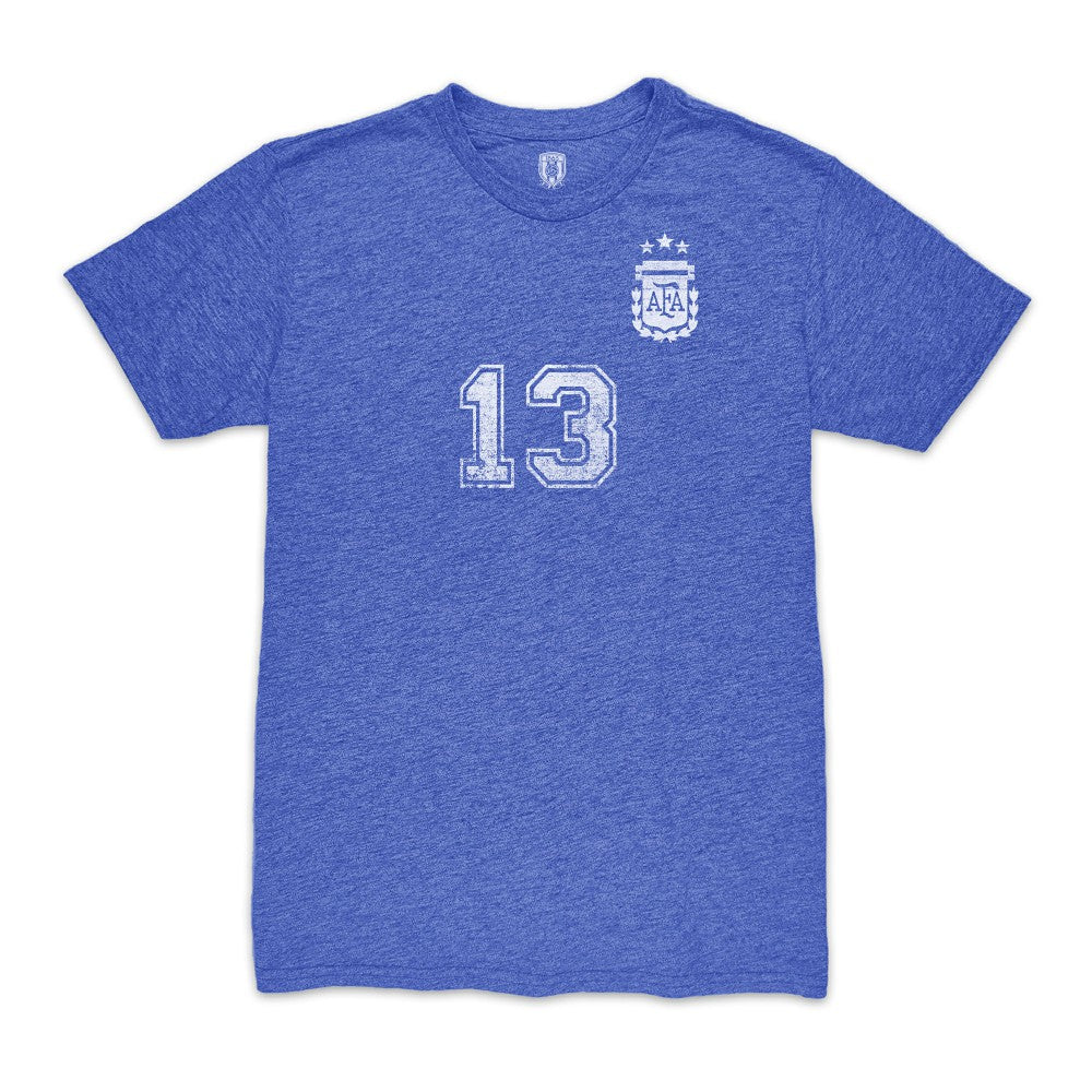 Cristian Romero Argentina National Team 1863FC Player Vintage Tri-Blend T-Shirt Blue