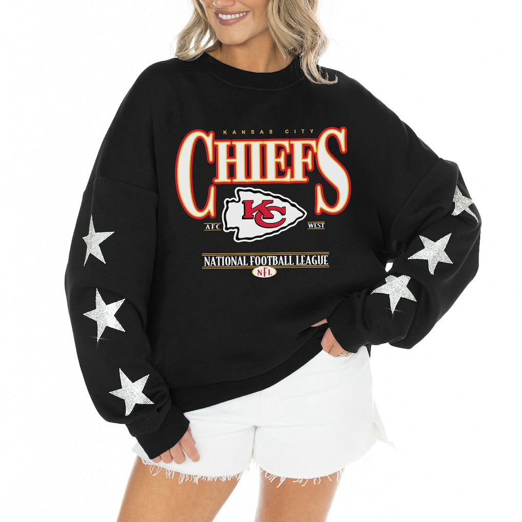 Kansas City Chiefs  Gameday Couture Women's Rhinestone Star Sleeve Settle the Score Oversized Tri-Blend Pullover
