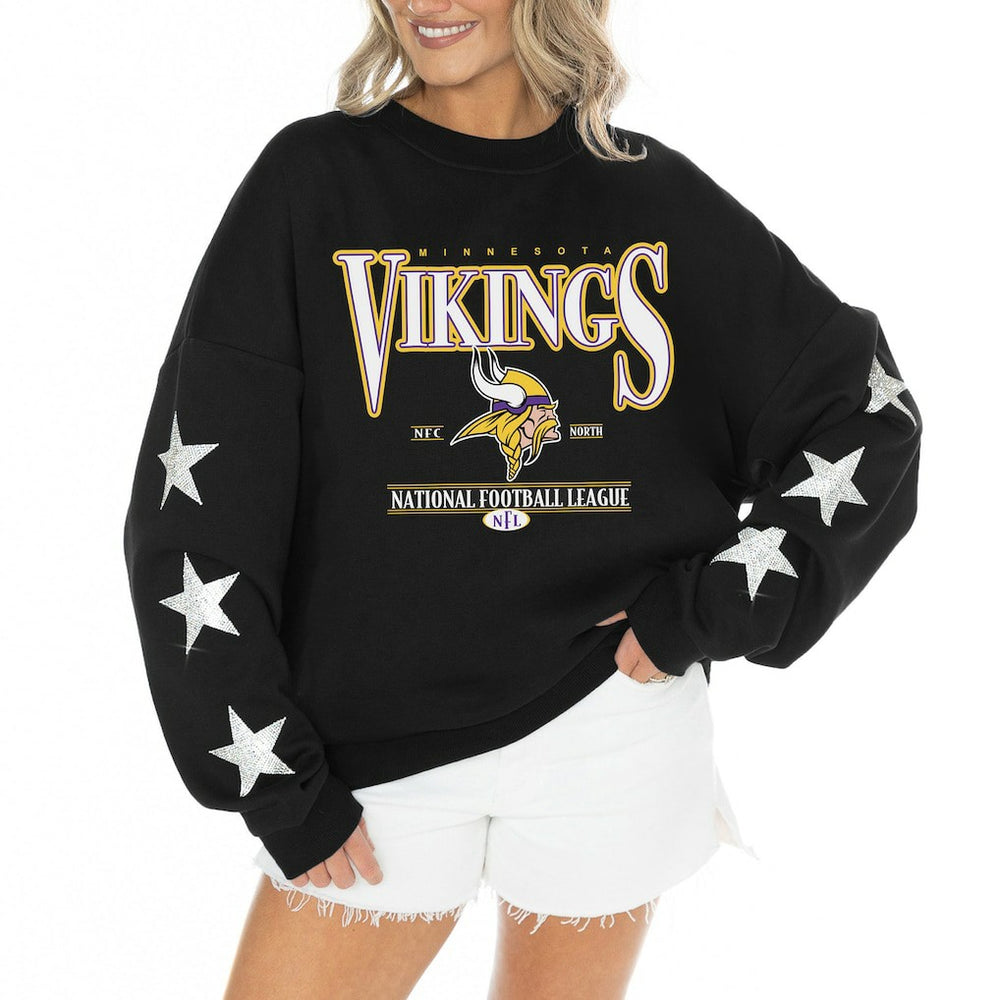 Minnesota Vikings  Gameday Couture Women's Rhinestone Star Sleeve Settle the Score Oversized Tri-Blend Pullover
