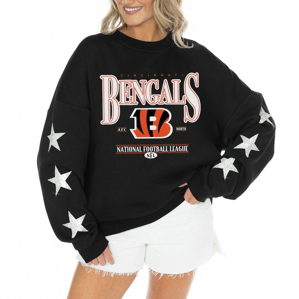 Cincinnati Bengals  Gameday Couture Women's Rhinestone Star Sleeve Settle the Score Oversized Tri-Blend Pullover