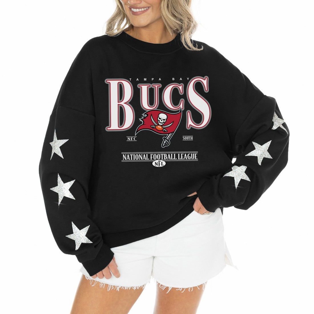 Tampa Bay Buccaneers  Gameday Couture Women's Rhinestone Star Sleeve Settle the Score Oversized Tri-Blend Pullover