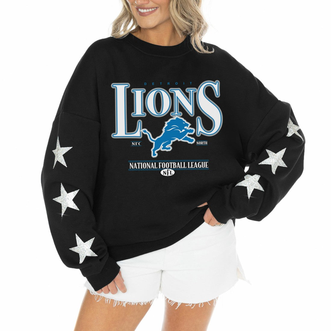 Detroit Lions  Gameday Couture Women's Rhinestone Star Sleeve Settle the Score Oversized Tri-Blend Pullover