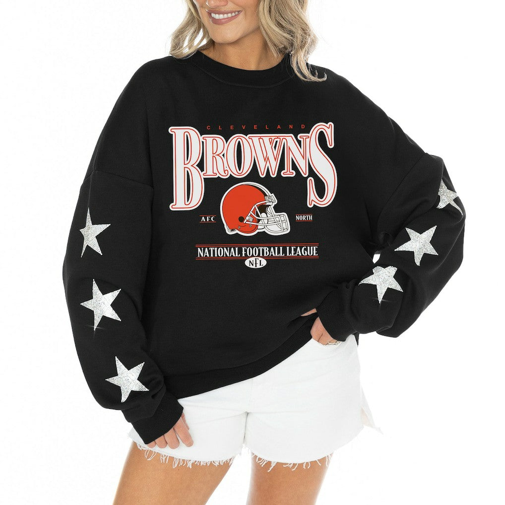 Cleveland Browns  Gameday Couture Women's Rhinestone Star Sleeve Settle the Score Oversized Tri-Blend Pullover