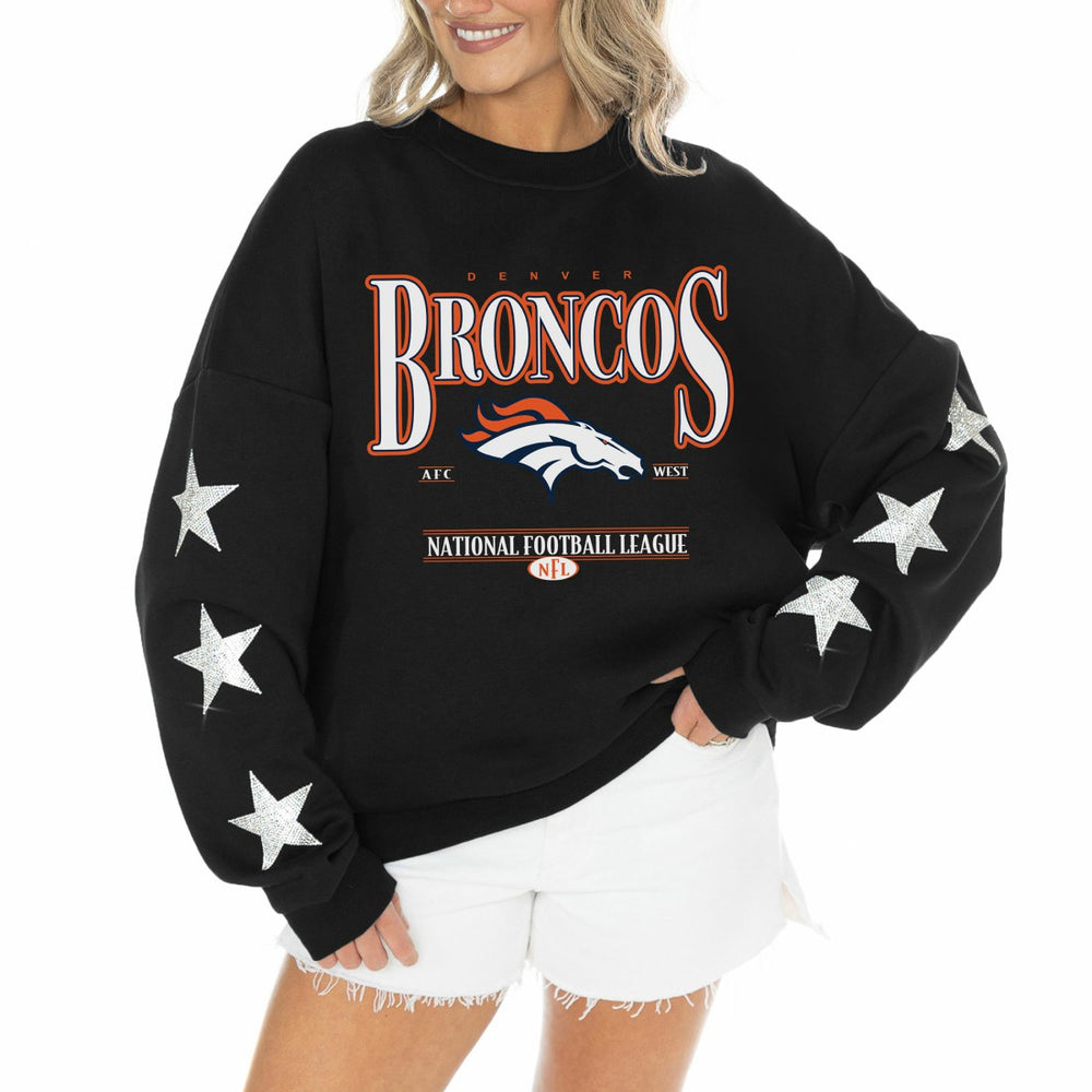 Denver Broncos  Gameday Couture Women's Rhinestone Star Sleeve Settle the Score Oversized Tri-Blend Pullover