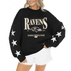Baltimore Ravens  Gameday Couture Women's Rhinestone Star Sleeve Settle the Score Oversized Tri-Blend Pullover