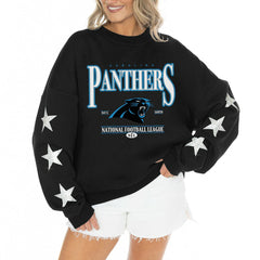 Carolina Panthers  Gameday Couture Women's Rhinestone Star Sleeve Settle the Score Oversized Tri-Blend Pullover