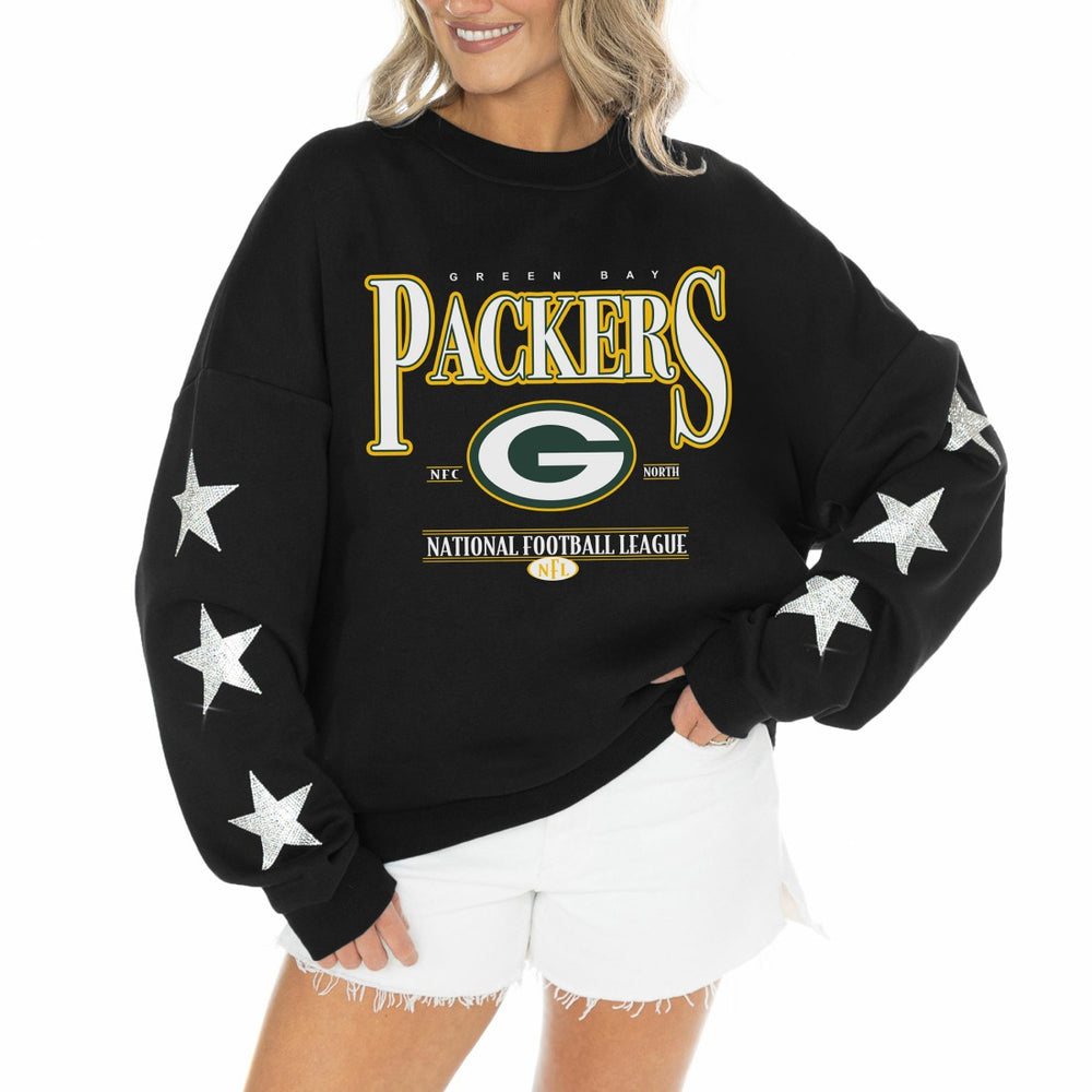 Green Bay Packers  Gameday Couture Women's Rhinestone Star Sleeve Settle the Score Oversized Tri-Blend Pullover