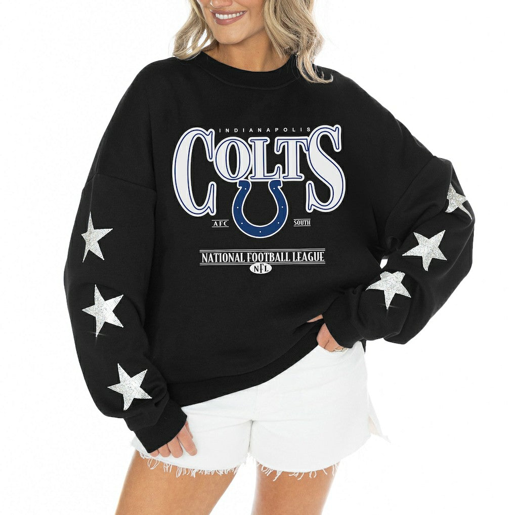 Indianapolis Colts  Gameday Couture Women's Rhinestone Star Sleeve Settle the Score Oversized Tri-Blend Pullover