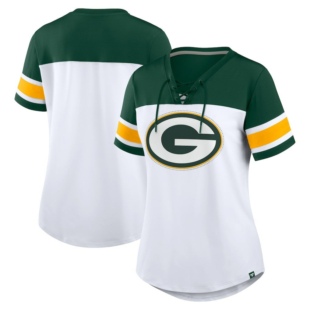 Green Bay Packers Fanatics Women's Athena Rhinestone Lace-Up V-Neck T-Shirt
