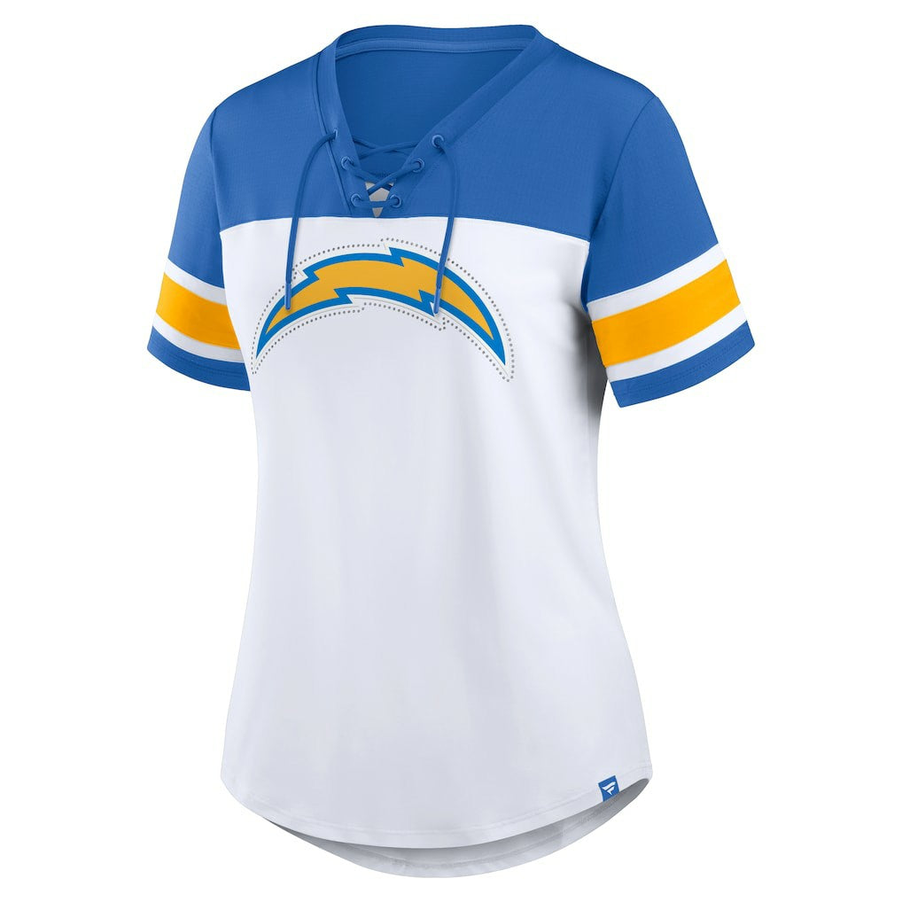 Los Angeles Chargers Fanatics Women's Athena Rhinestone Lace-Up V-Neck T-Shirt