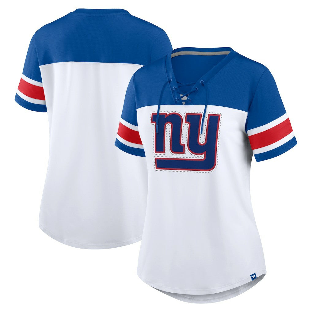 New York Giants Fanatics Women's Athena Rhinestone Lace-Up V-Neck T-Shirt