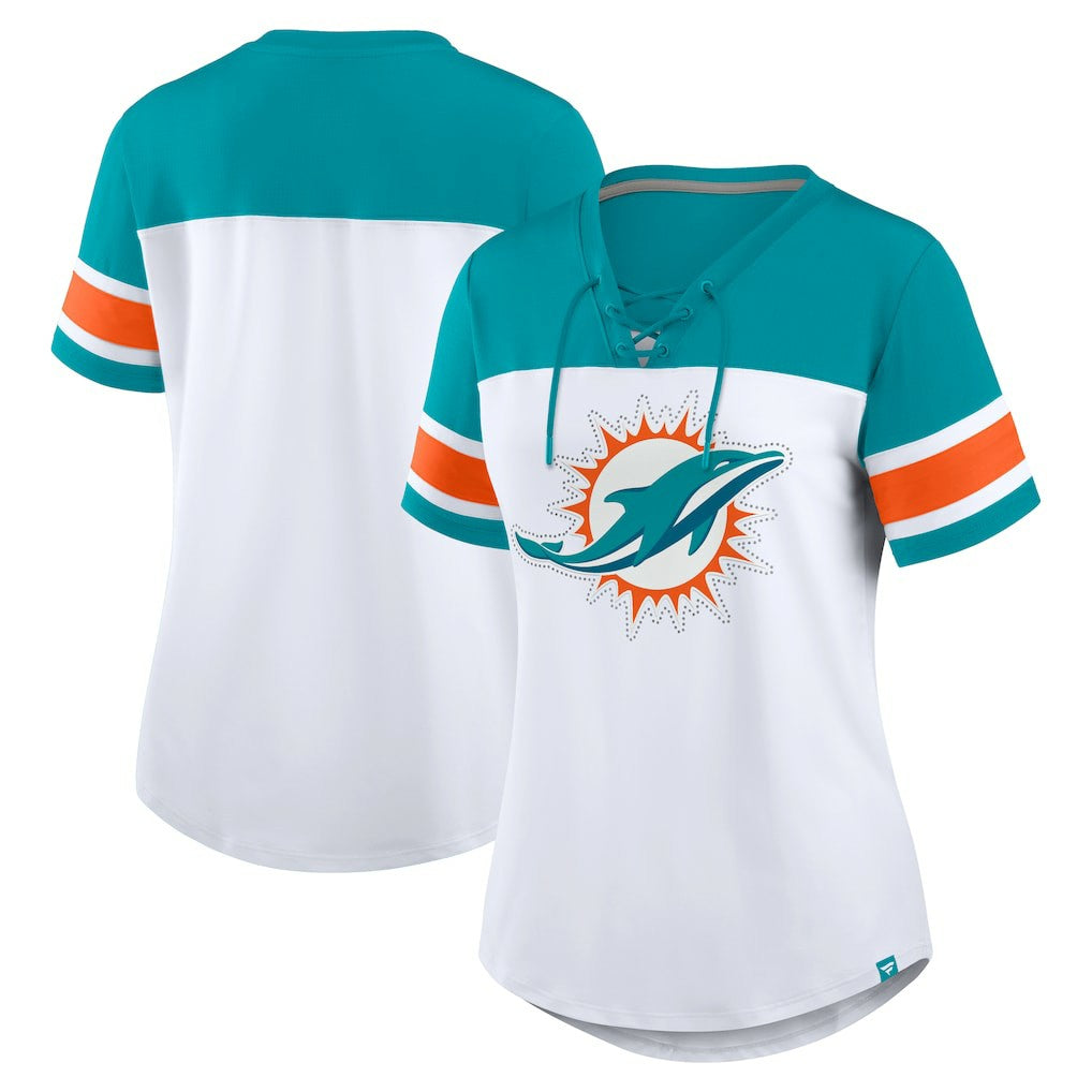 Miami Dolphins Fanatics Women's Athena Rhinestone Lace-Up V-Neck T-Shirt