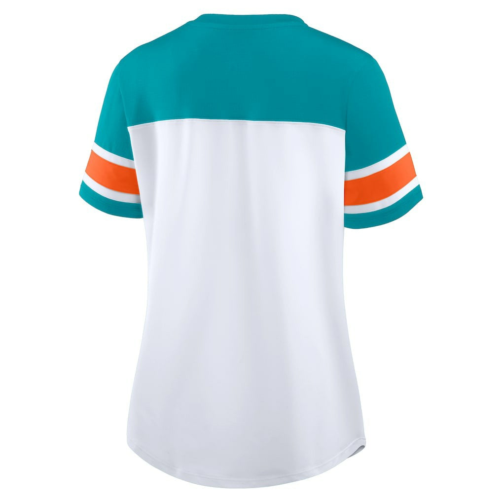 Miami Dolphins Fanatics Women's Athena Rhinestone Lace-Up V-Neck T-Shirt