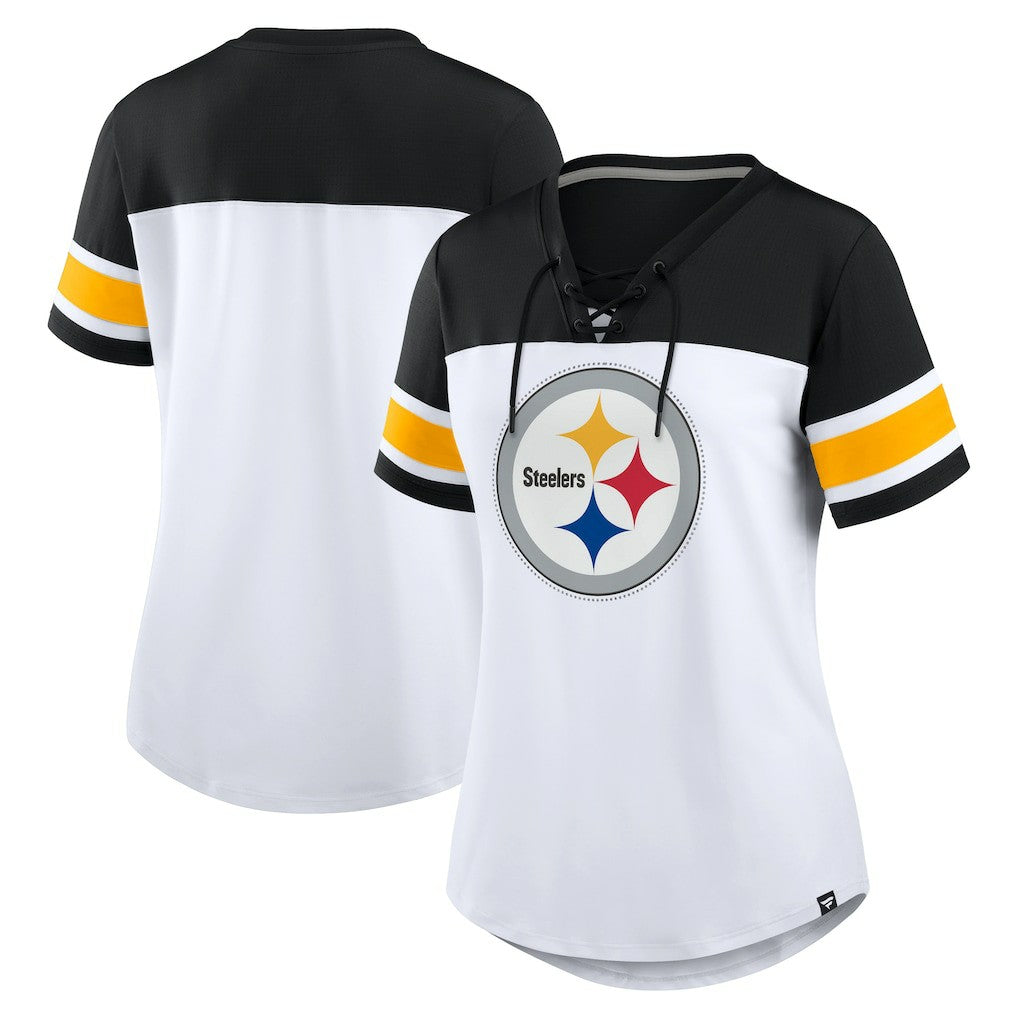 Pittsburgh Steelers Fanatics Women's Athena Rhinestone Lace-Up V-Neck T-Shirt