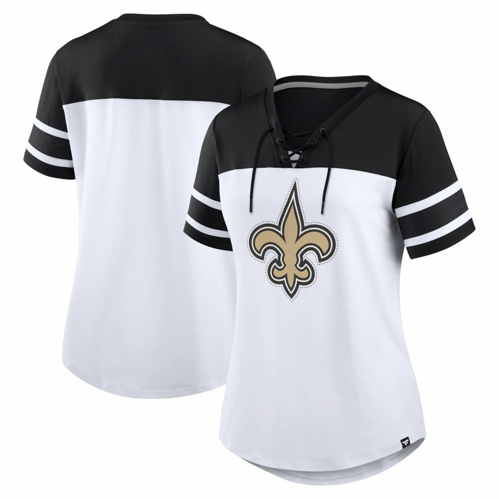 New Orleans Saints Fanatics Women's Athena Rhinestone Lace-Up V-Neck T-Shirt