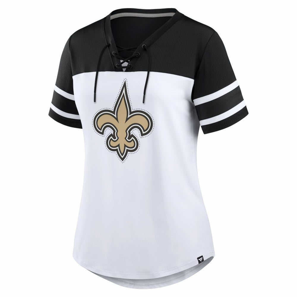 New Orleans Saints Fanatics Women's Athena Rhinestone Lace-Up V-Neck T-Shirt