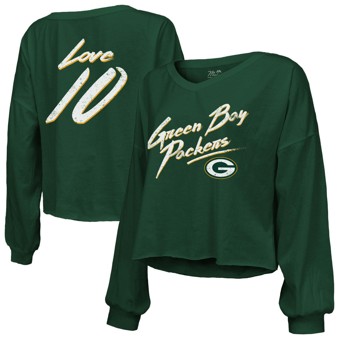 Green Bay Packers  Jordan Love  Majestic Threads Women's Name & Number Off-Shoulder Script Cropped Long Sleeve Relaxed V-Neck T-Shirt