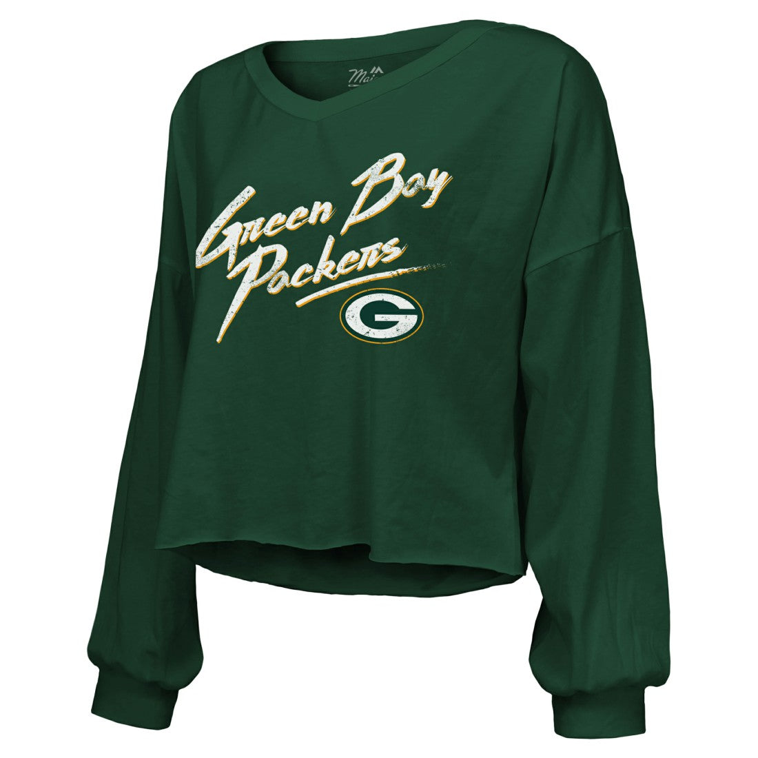 Green Bay Packers  Jordan Love  Majestic Threads Women's Name & Number Off-Shoulder Script Cropped Long Sleeve Relaxed V-Neck T-Shirt