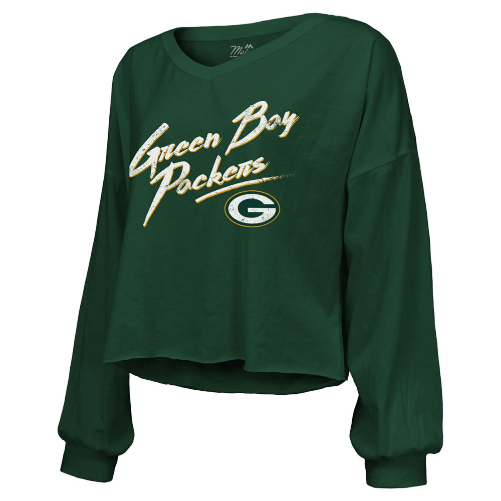 Green Bay Packers  Jordan Love  Majestic Threads Women's Name & Number Off-Shoulder Script Cropped Long Sleeve Relaxed V-Neck T-Shirt