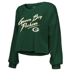 Green Bay Packers  Jordan Love  Majestic Threads Women's Name & Number Off-Shoulder Script Cropped Long Sleeve Relaxed V-Neck T-Shirt