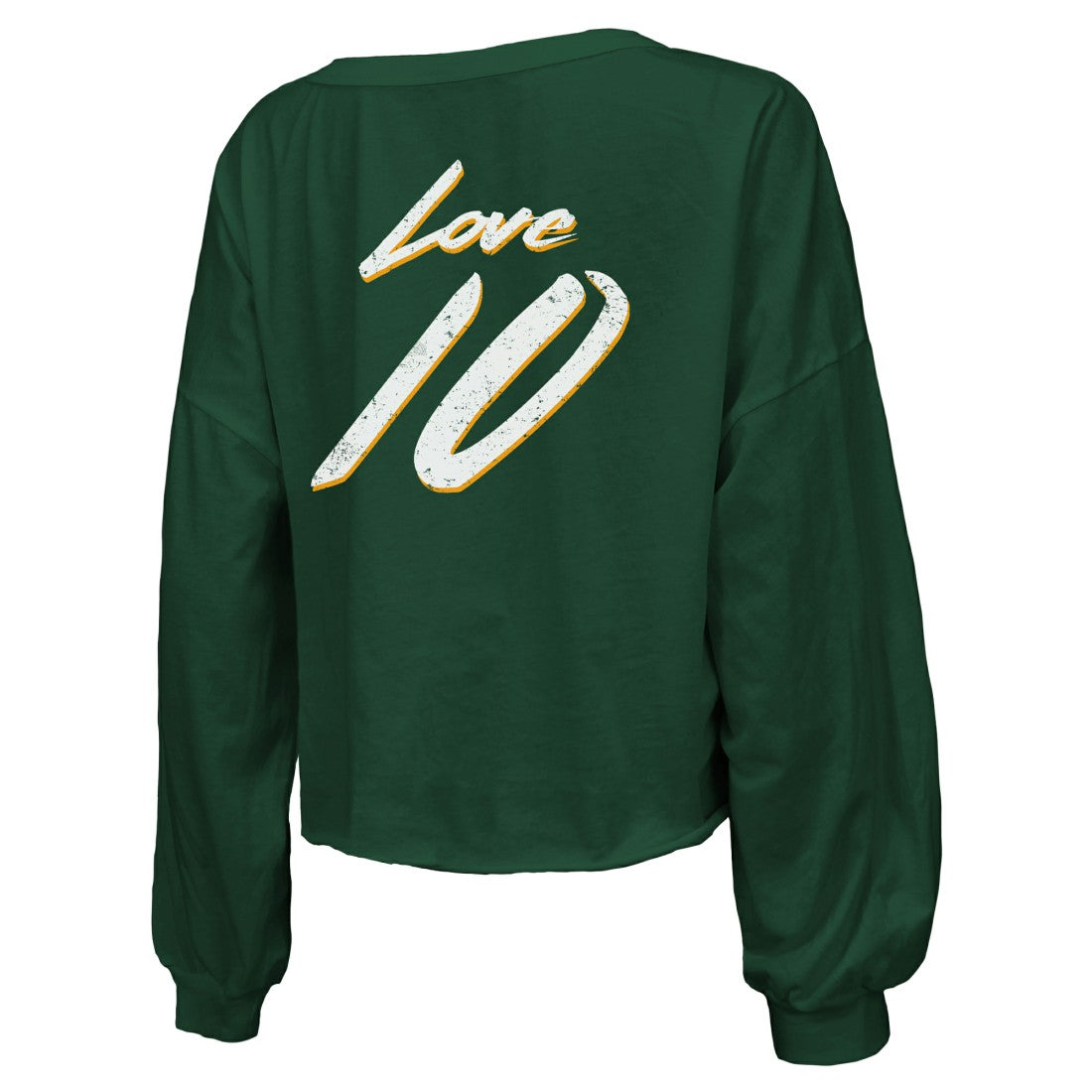 Green Bay Packers  Jordan Love  Majestic Threads Women's Name & Number Off-Shoulder Script Cropped Long Sleeve Relaxed V-Neck T-Shirt