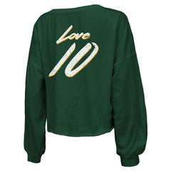 Green Bay Packers  Jordan Love  Majestic Threads Women's Name & Number Off-Shoulder Script Cropped Long Sleeve Relaxed V-Neck T-Shirt