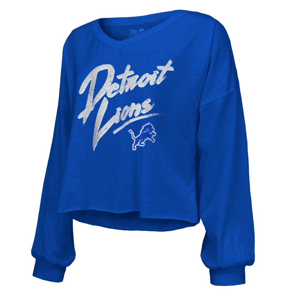 Detroit Lions  Amon-Ra St. Brown  Majestic Threads Women's Name & Number Off-Shoulder Script Cropped Long Sleeve Relaxed V-Neck T-Shirt