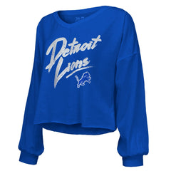 Detroit Lions  Amon-Ra St. Brown  Majestic Threads Women's Name & Number Off-Shoulder Script Cropped Long Sleeve Relaxed V-Neck T-Shirt