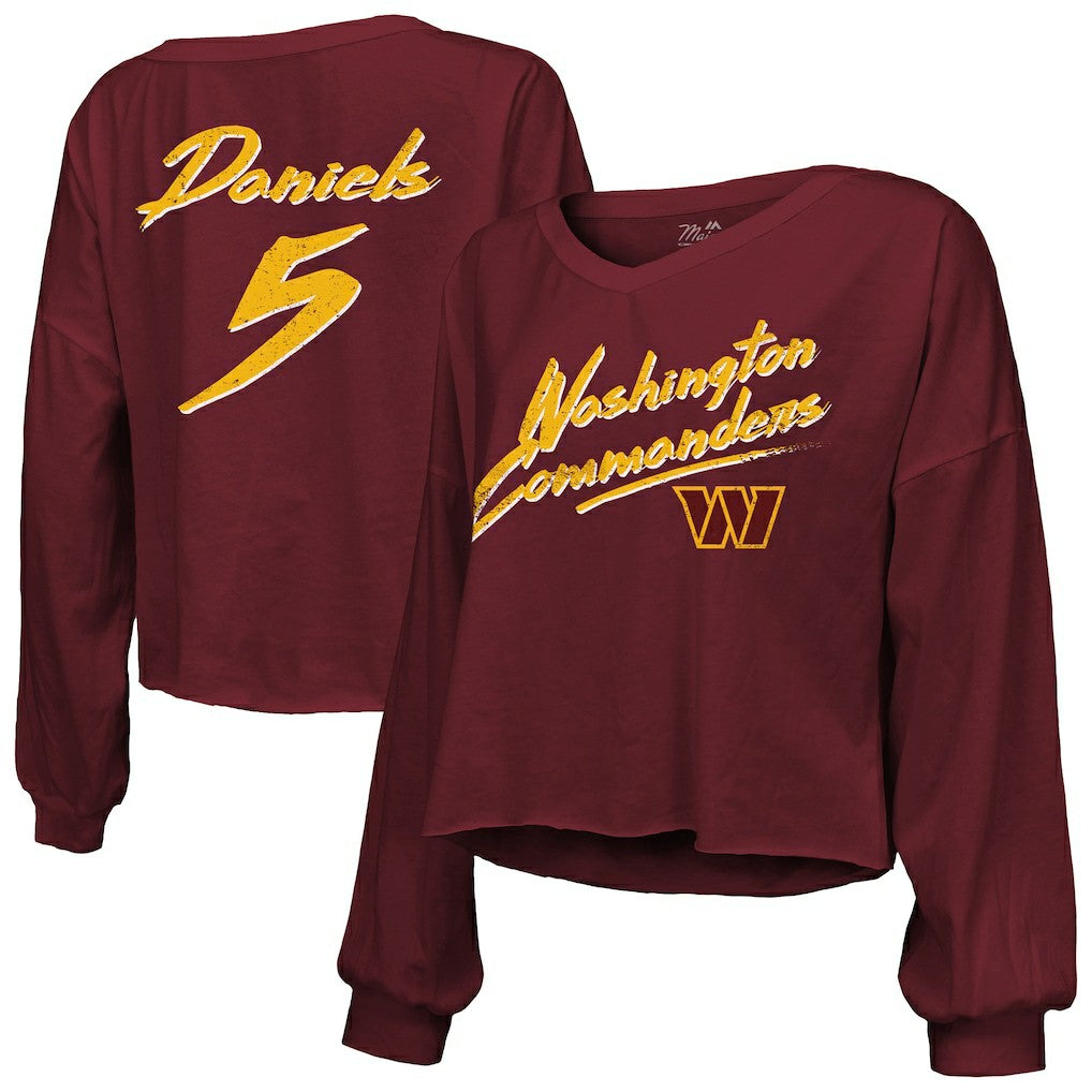 Washington Commanders  Jayden Daniels  Majestic Threads Women's Name & Number Off-Shoulder Script Cropped Long Sleeve Relaxed V-Neck T-Shirt