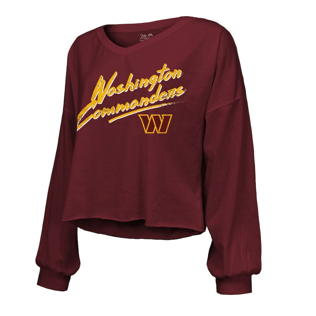 Washington Commanders  Jayden Daniels  Majestic Threads Women's Name & Number Off-Shoulder Script Cropped Long Sleeve Relaxed V-Neck T-Shirt