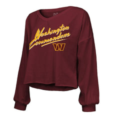 Washington Commanders  Jayden Daniels  Majestic Threads Women's Name & Number Off-Shoulder Script Cropped Long Sleeve Relaxed V-Neck T-Shirt