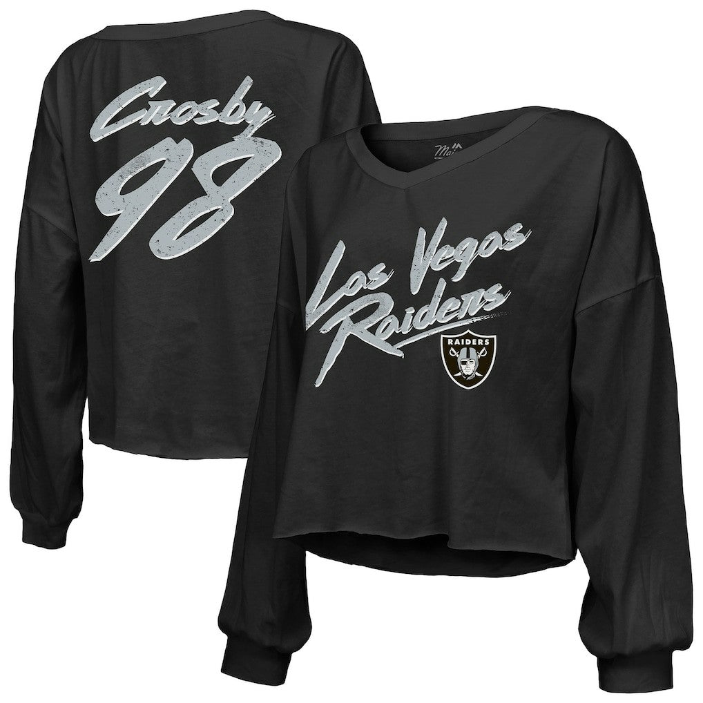 Las Vegas Raiders  Maxx Crosby  Majestic Threads Women's Name & Number Off-Shoulder Script Cropped Long Sleeve Relaxed V-Neck T-Shirt