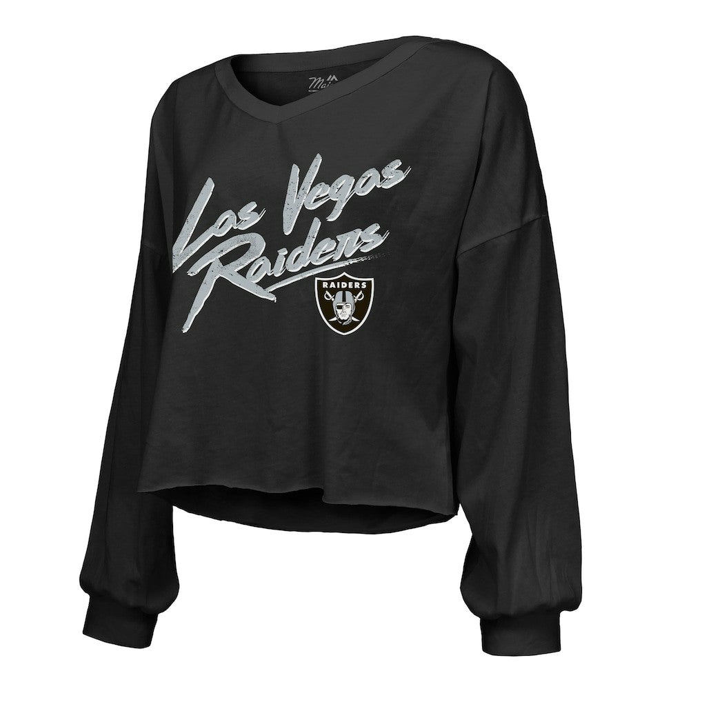 Las Vegas Raiders  Maxx Crosby  Majestic Threads Women's Name & Number Off-Shoulder Script Cropped Long Sleeve Relaxed V-Neck T-Shirt