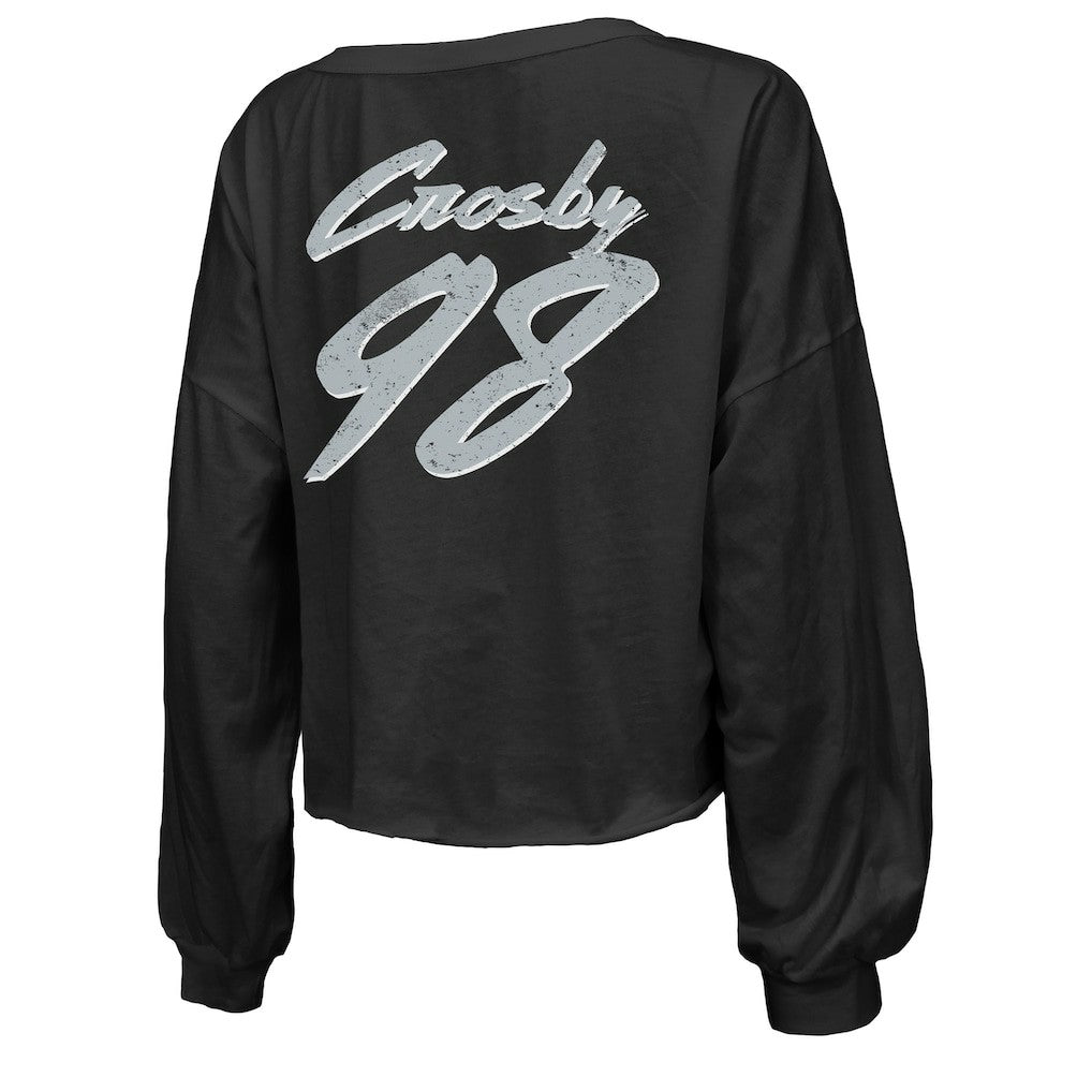 Las Vegas Raiders  Maxx Crosby  Majestic Threads Women's Name & Number Off-Shoulder Script Cropped Long Sleeve Relaxed V-Neck T-Shirt