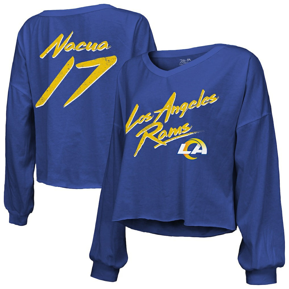 Los Angeles Rams  Puka Nacua  Majestic Threads Women's Off-Shoulder Script Player Name & Number Cropped Long Sleeve V-Neck T-Shirt
